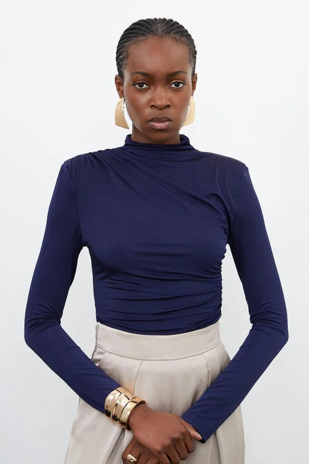 Tops Women Karen Millen Jersey Crepe High Neck Bodysuit Navy