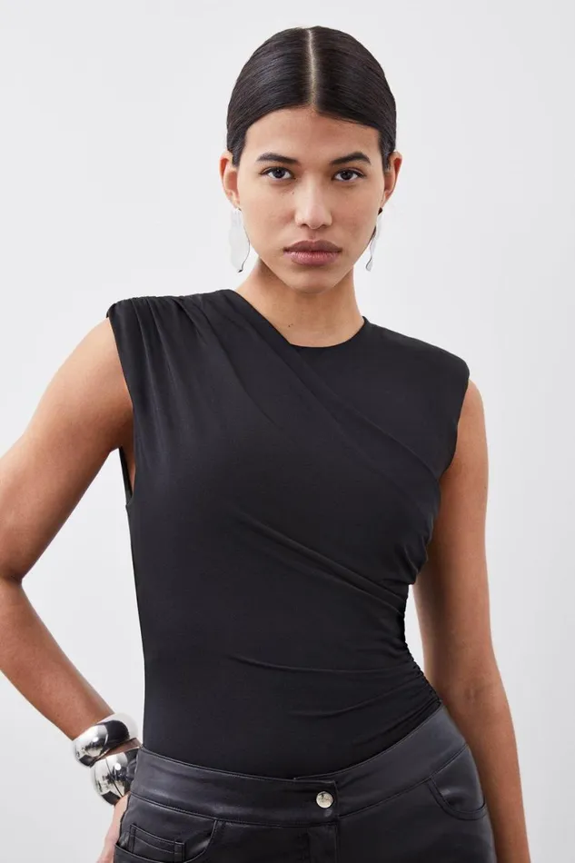 Tops Women Karen Millen Jersey Crepe Ruched Front Bodysuit Black