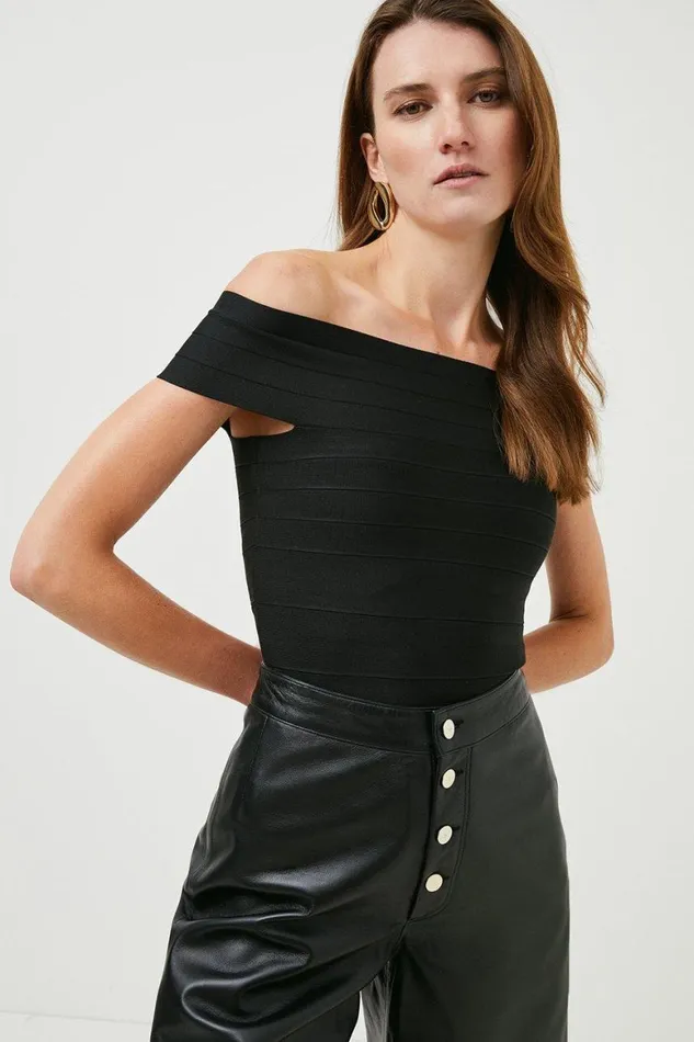 Tops Women Karen Millen Knitted Bandage Bardot Top Black