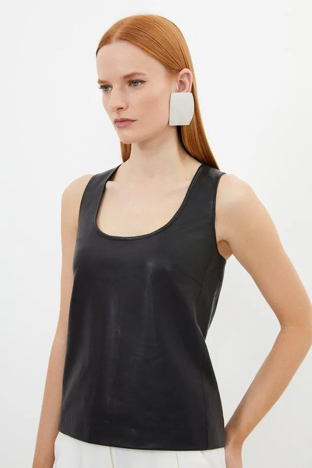 Tops Women Karen Millen Leather Scoop Neck Tailored Top Black