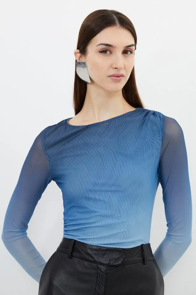 Tops Women Karen Millen Ombre Printed Mesh Ruched Long Sleeve Bodysuit Blue