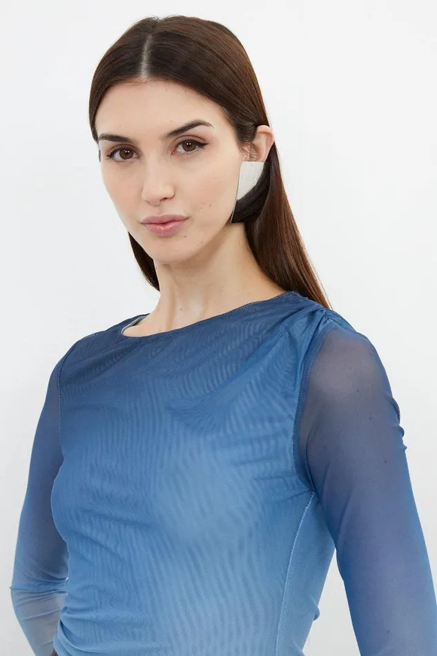 Tops Women Karen Millen Ombre Printed Mesh Ruched Long Sleeve Bodysuit Blue