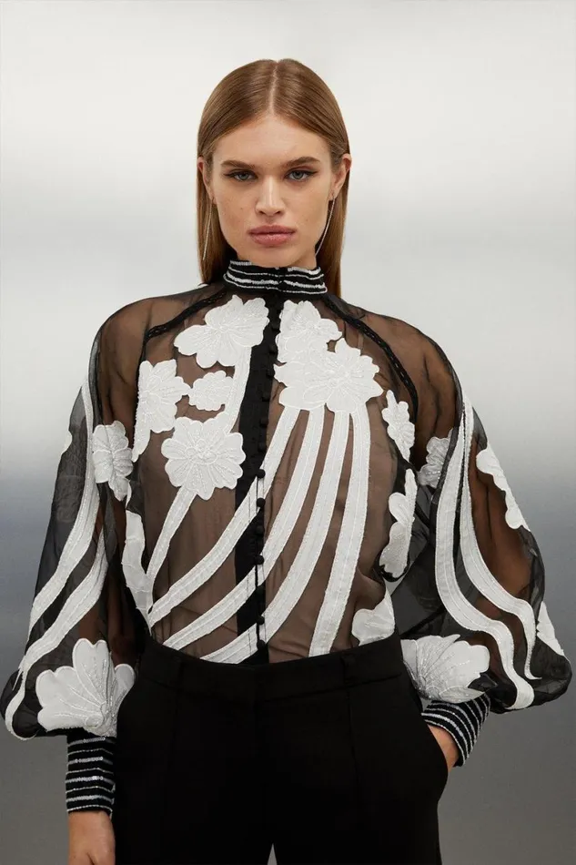 Tops Women Karen Millen Organdie Applique Buttoned Woven Blouse Mono