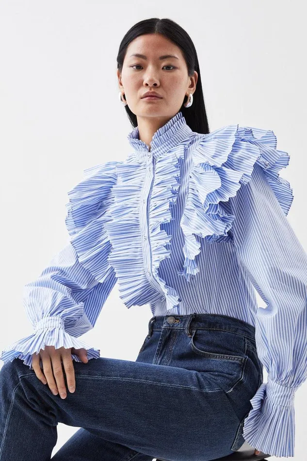 Tops Women Karen Millen Pleated Striped Ruffle Woven Shirt Stripe