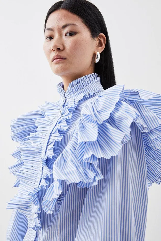 Tops Women Karen Millen Pleated Striped Ruffle Woven Shirt Stripe