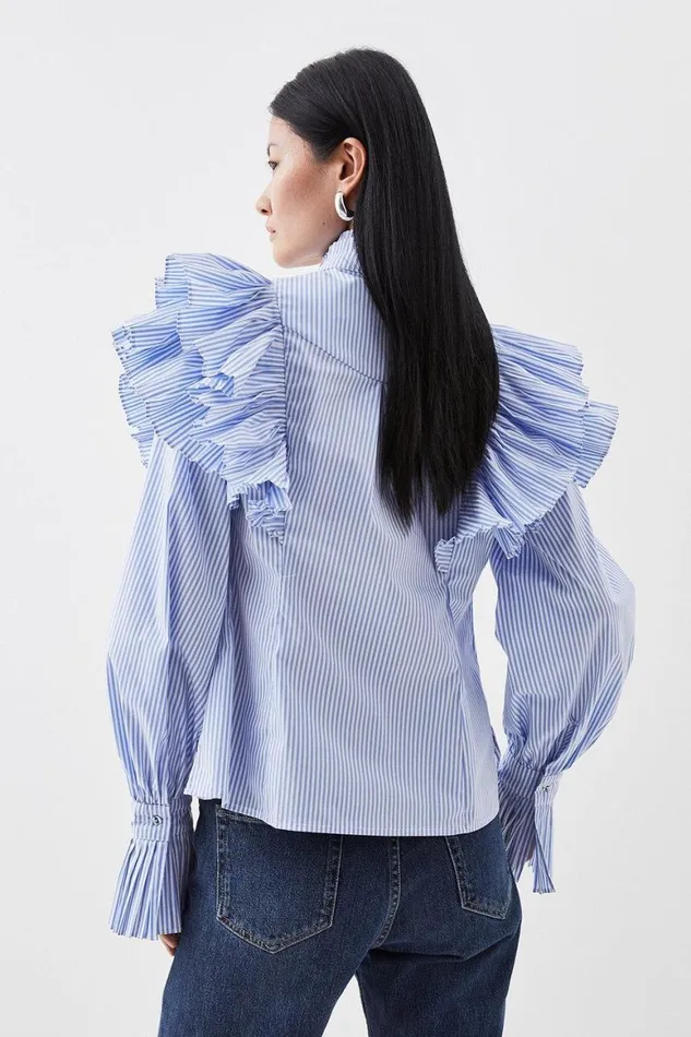 Tops Women Karen Millen Pleated Striped Ruffle Woven Shirt Stripe