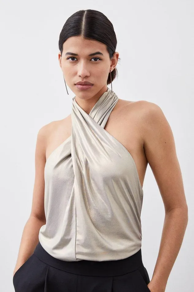 Tops Women Karen Millen Premium Jersey Metallic Bodysuit Gold
