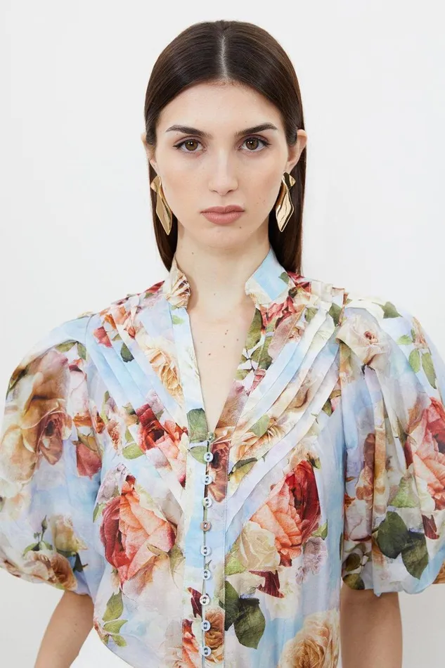 Tops Women Karen Millen Rose Floral Silk Cotton Woven Blouse Floral