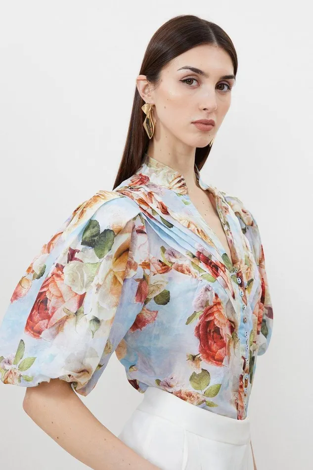 Tops Women Karen Millen Rose Floral Silk Cotton Woven Blouse Floral