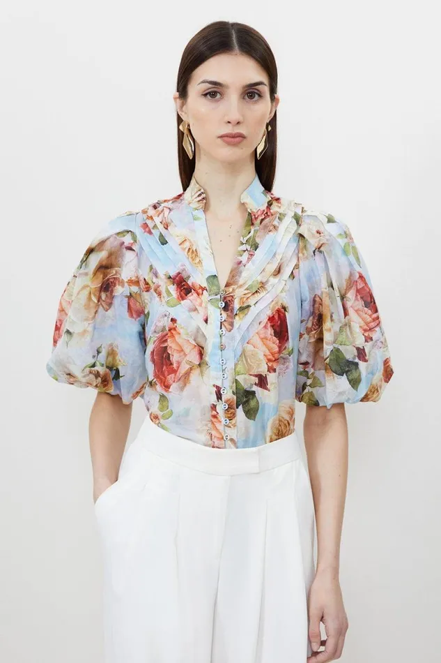 Tops Women Karen Millen Rose Floral Silk Cotton Woven Blouse Floral
