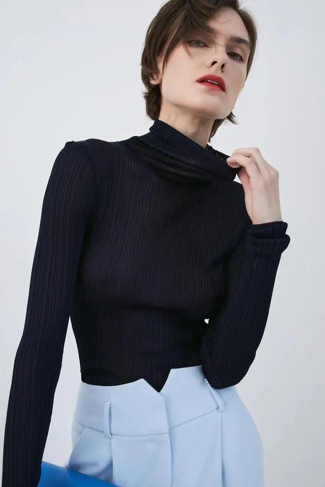 Tops Women Karen Millen Slinky Roll Neck Rib Knit Top Navy