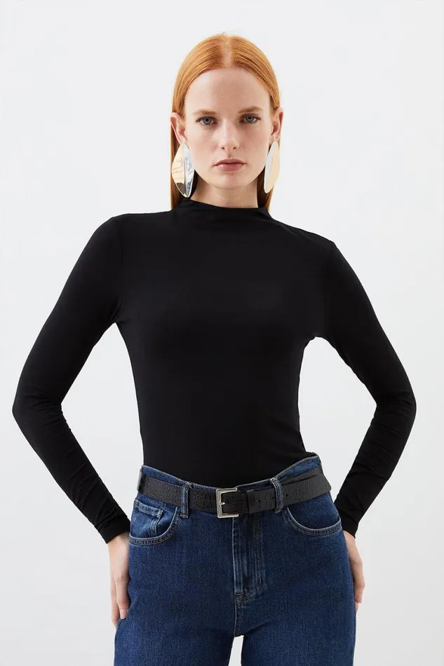 Tops Women Karen Millen Stretch Cotton Funnel Neck Top Black