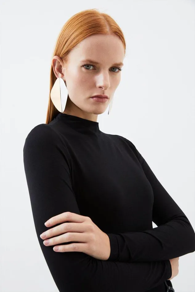Tops Women Karen Millen Stretch Cotton Funnel Neck Top Black