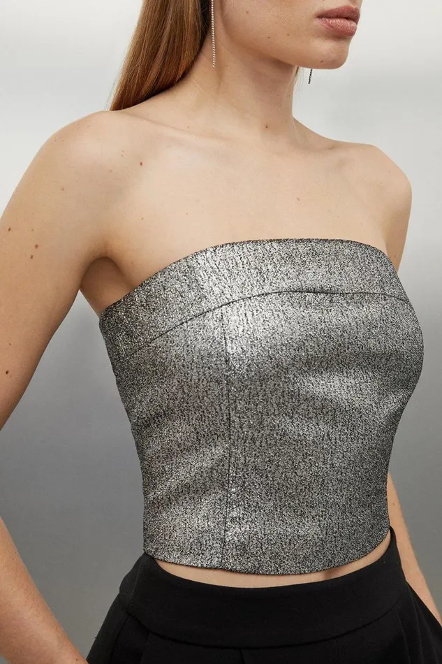 Tops Women Karen Millen Tailored Metallic Taffeta Bandeau Top Silver