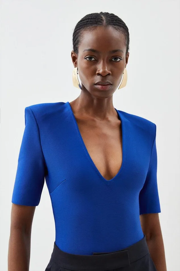 Tops Women Karen Millen V Neck Bandage Knit Bodysuit Cobalt