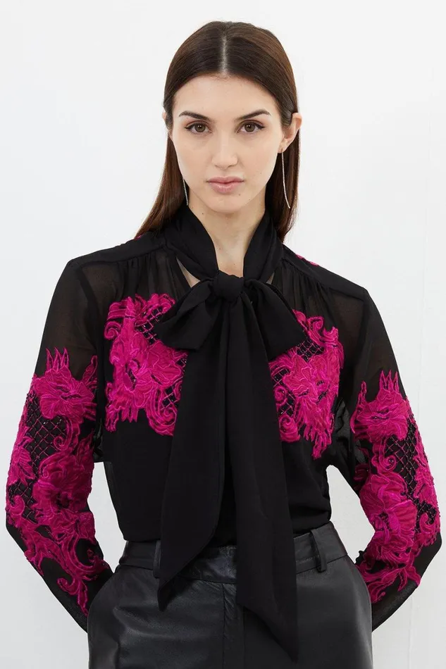 Tops Women Karen Millen Velvet Applique Satin Woven Top Pink