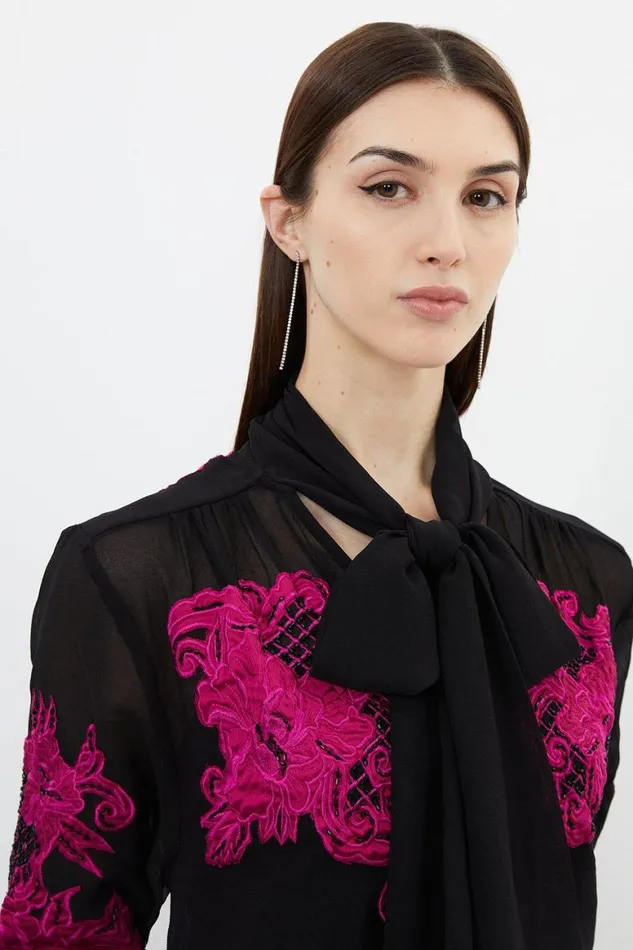 Tops Women Karen Millen Velvet Applique Satin Woven Top Pink