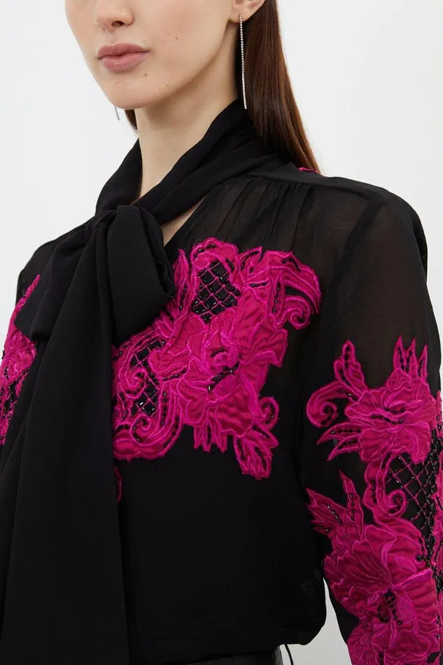 Tops Women Karen Millen Velvet Applique Satin Woven Top Pink