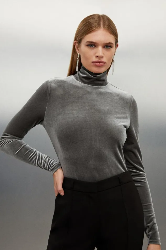 Tops Women Karen Millen Velvet Jersey Turtleneck Bodysuit Silver