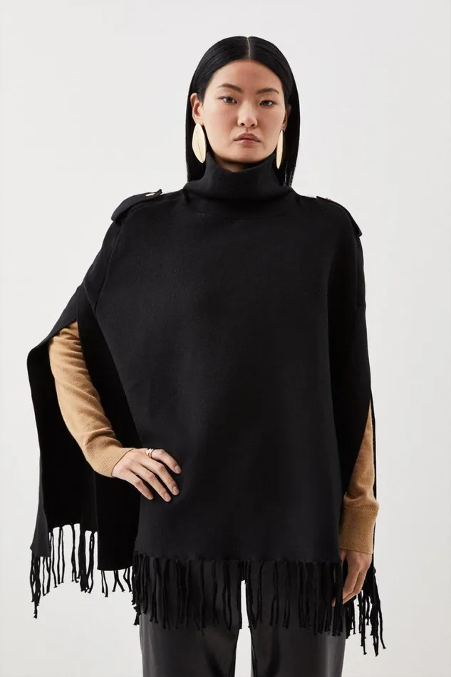 Tops Women Karen Millen Viscose Blend Fringe Trim Knit Poncho Black