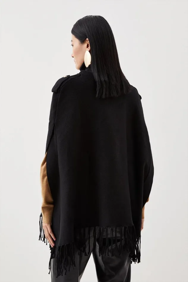 Tops Women Karen Millen Viscose Blend Fringe Trim Knit Poncho Black