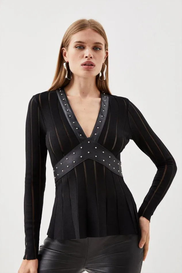 Tops Women Karen Millen Viscose Blend Pu Pleat Knit Top Black