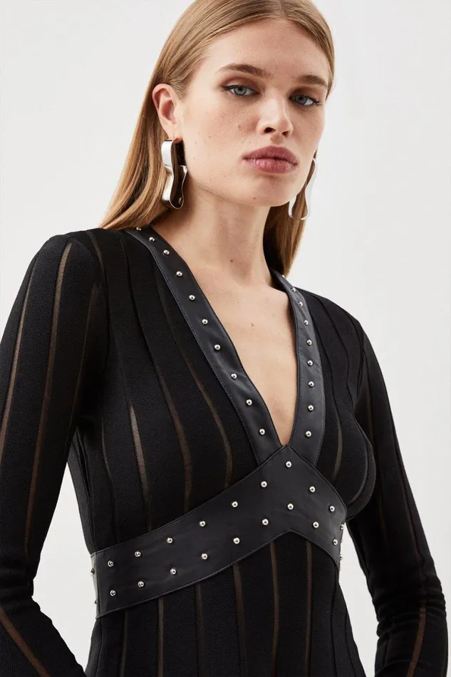 Tops Women Karen Millen Viscose Blend Pu Pleat Knit Top Black