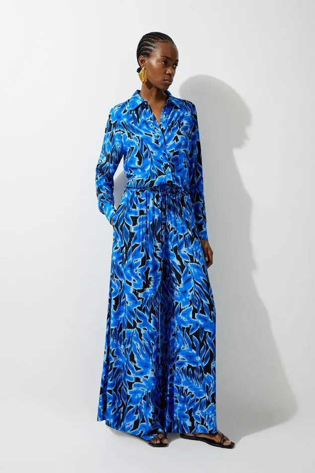 Trousers Women Karen Millen Blue Leaf Printed Woven Viscose Wide Leg Trousers Blue
