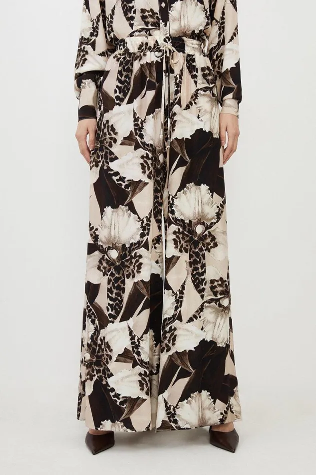 Trousers Women Karen Millen Ecru Floral Printed Woven Viscose Wide Leg Trousers Floral