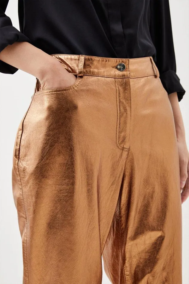 Trousers Women Karen Millen Leather Metallic 5 Pocket Jean Rose Gold