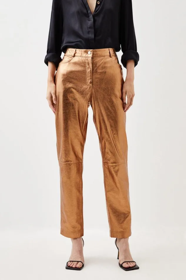 Trousers Women Karen Millen Leather Metallic 5 Pocket Jean Rose Gold