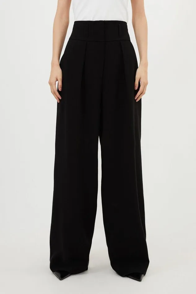 Trousers Women Karen Millen Petite Compact Stretch Tailored High Waist Wide Leg Trousers Black