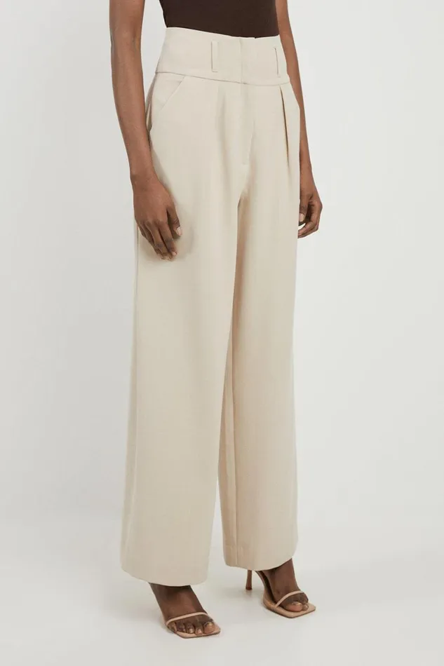 Trousers Women Karen Millen Tailored High Waisted Pleated Wide Leg Trousers Beige