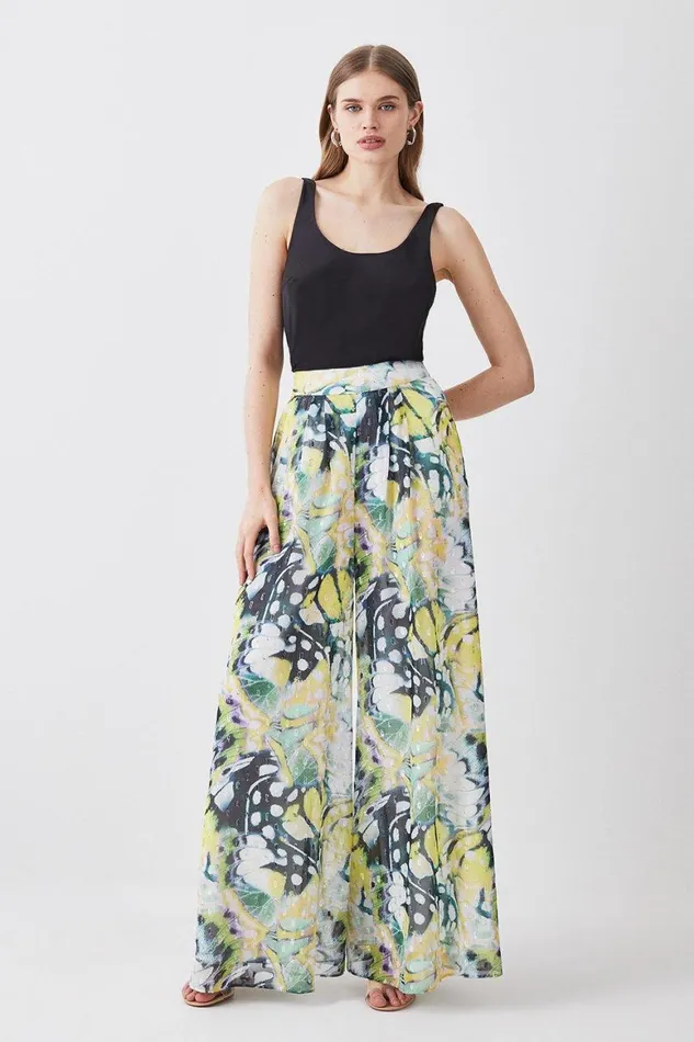 Trousers Women Karen Millen Tall Butterfly Metallic Pleated Woven Wide Leg Trousers Floral Trousers Women Karen Millen Tall Butterfly Metallic Pleated Woven Wide Leg Trousers Floral