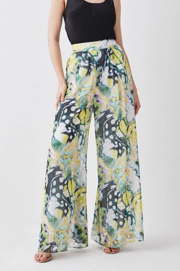 Trousers Women Karen Millen Tall Butterfly Metallic Pleated Woven Wide Leg Trousers Floral