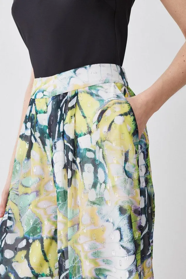 Trousers Women Karen Millen Tall Butterfly Metallic Pleated Woven Wide Leg Trousers Floral