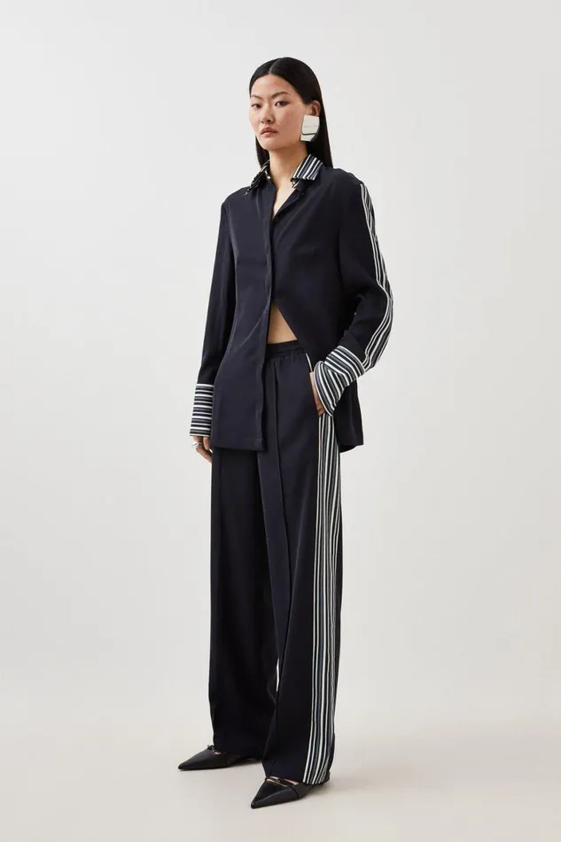 Trousers Women Karen Millen Tall Contrast Twill Woven Wide Leg Trousers Navy