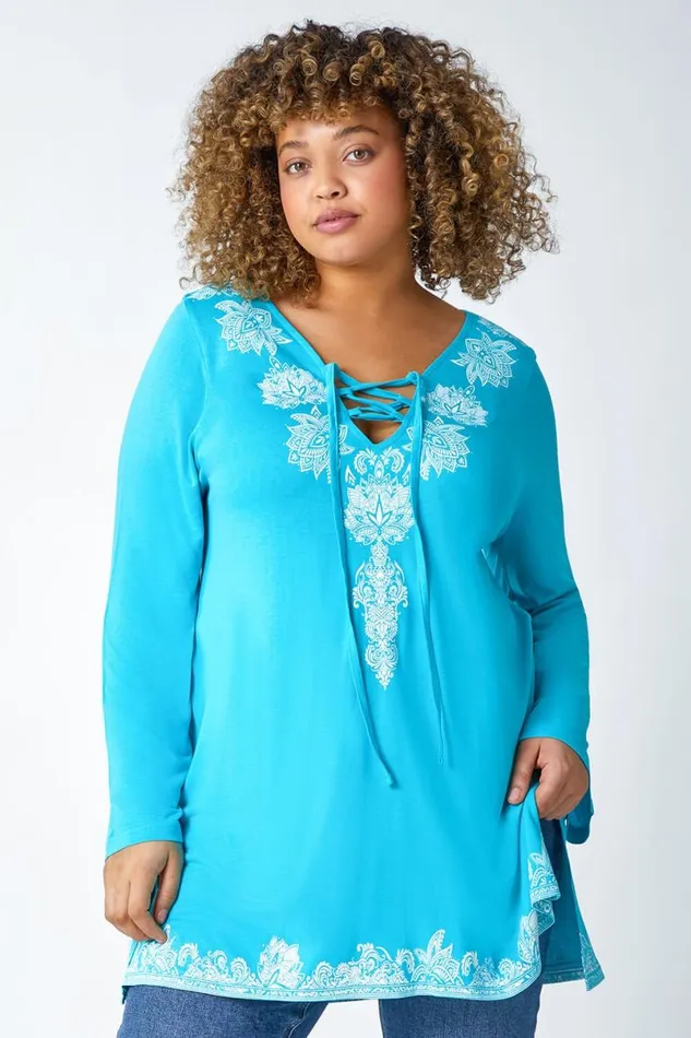 Turquoise Curve Border Print VNeck Lace Up Top Women Roman Tops