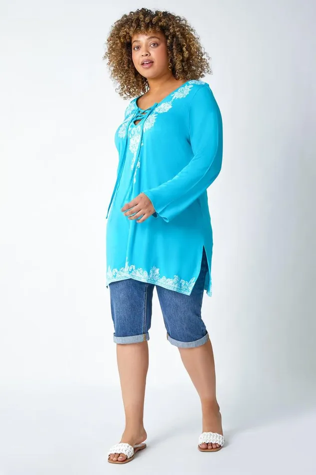 Turquoise Curve Border Print VNeck Lace Up Top Women Roman Tops