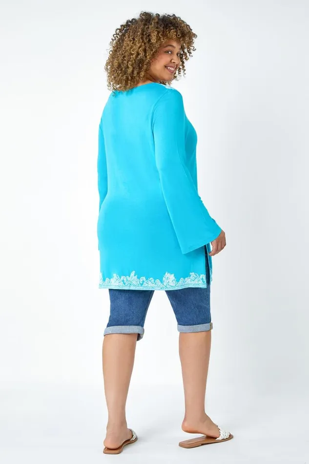 Turquoise Curve Border Print VNeck Lace Up Top Women Roman Tops