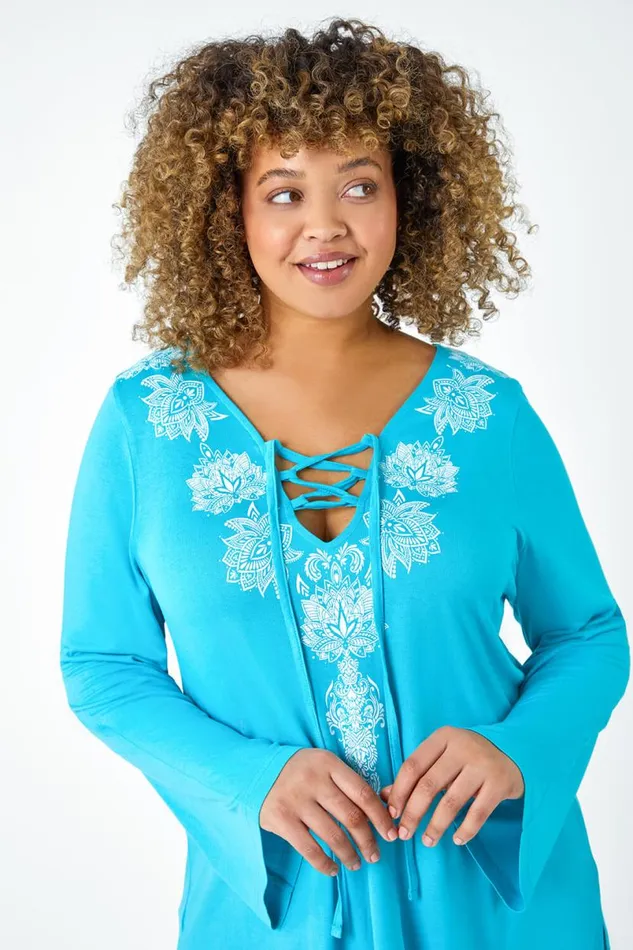 Turquoise Curve Border Print VNeck Lace Up Top Women Roman Tops