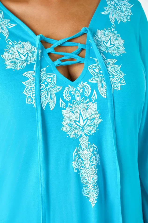 Turquoise Curve Border Print VNeck Lace Up Top Women Roman Tops