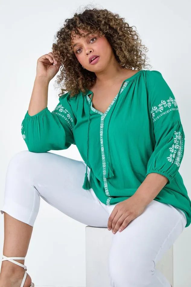 Turquoise Curve Tie Neck Embroidered VNeck Smock Top Women Roman Tops
