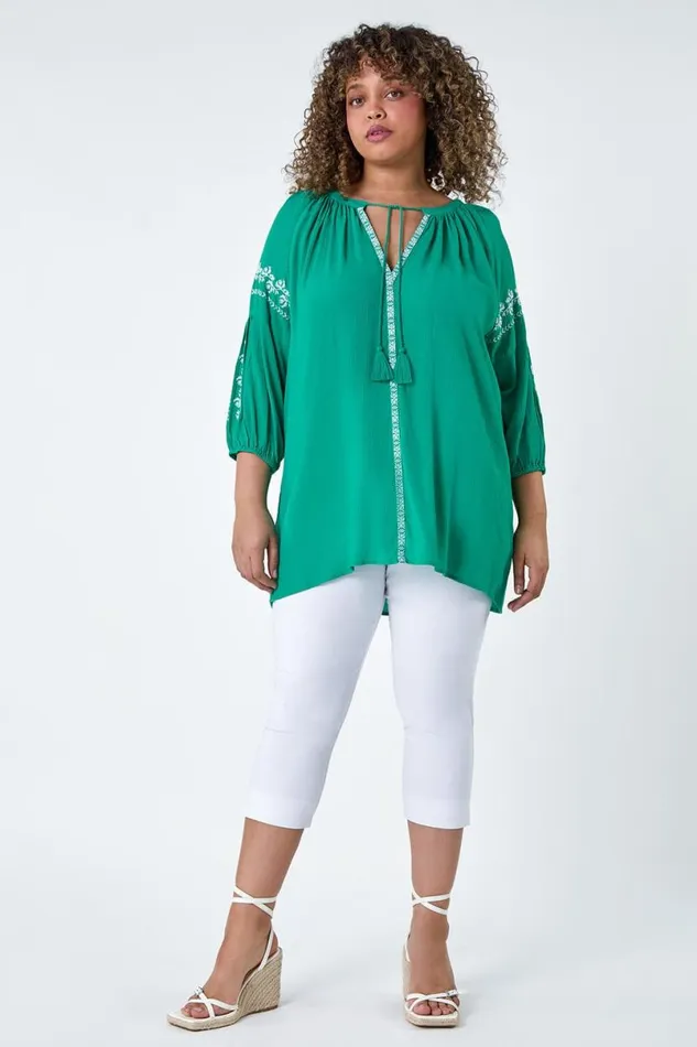 Turquoise Curve Tie Neck Embroidered VNeck Smock Top Women Roman Tops