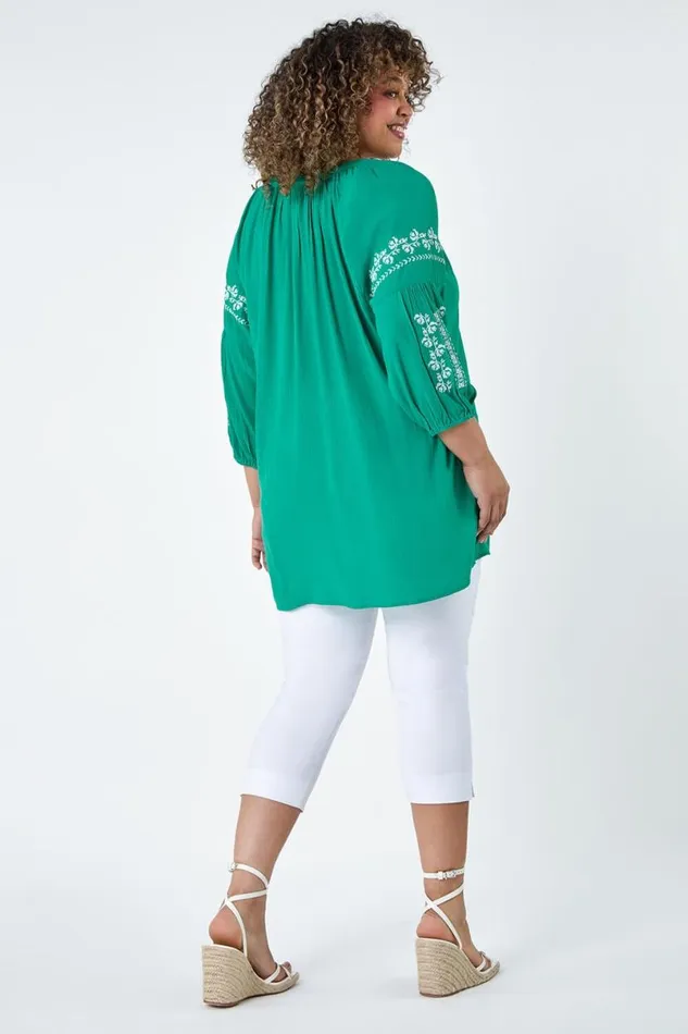 Turquoise Curve Tie Neck Embroidered VNeck Smock Top Women Roman Tops