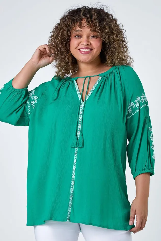 Turquoise Curve Tie Neck Embroidered VNeck Smock Top Women Roman Tops