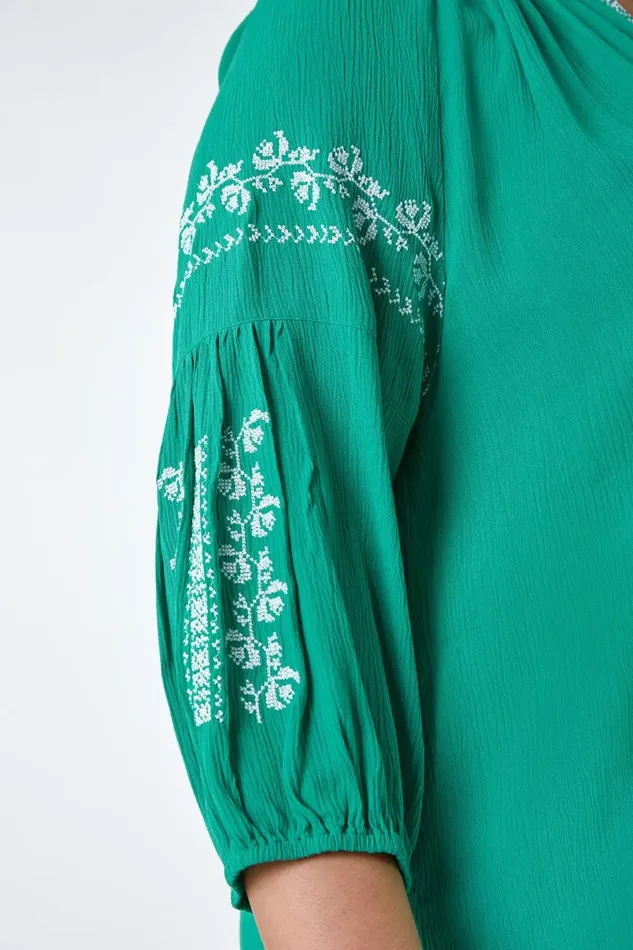 Turquoise Curve Tie Neck Embroidered VNeck Smock Top Women Roman Tops