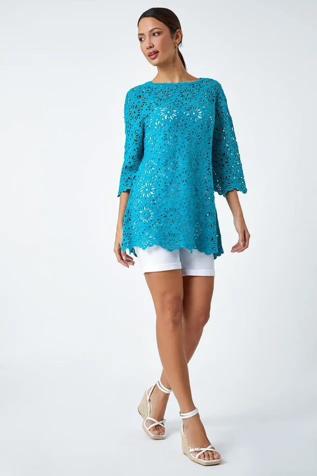 Turquoise Floral Cotton Crochet Top Women Roman Tops