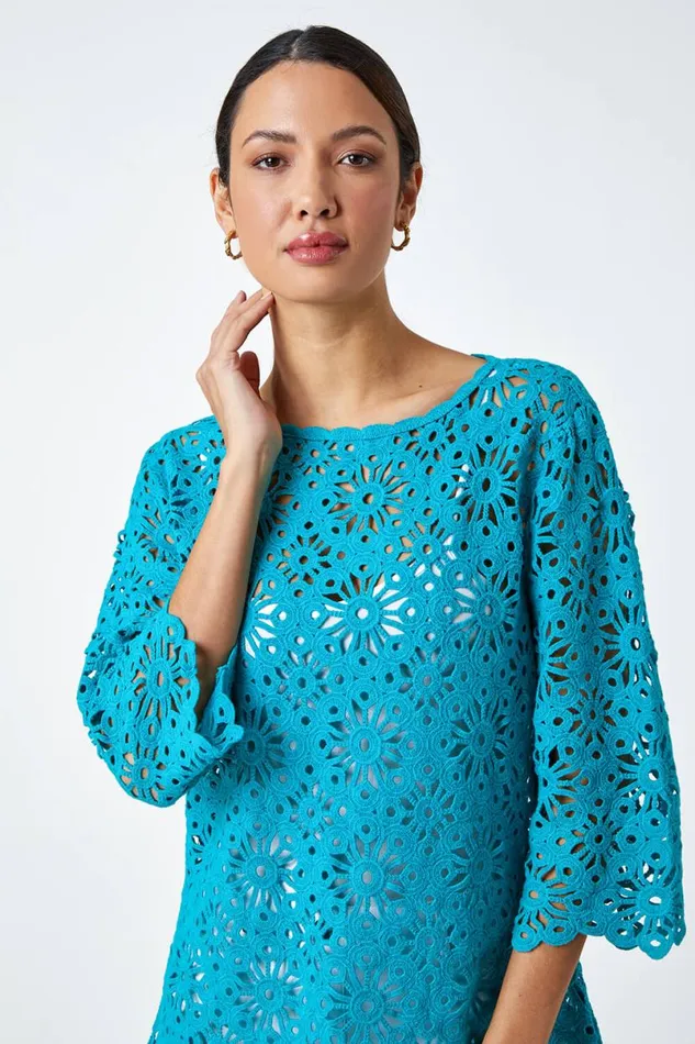 Turquoise Floral Cotton Crochet Top Women Roman Tops