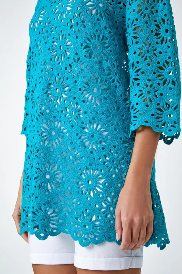 Turquoise Floral Cotton Crochet Top Women Roman Tops